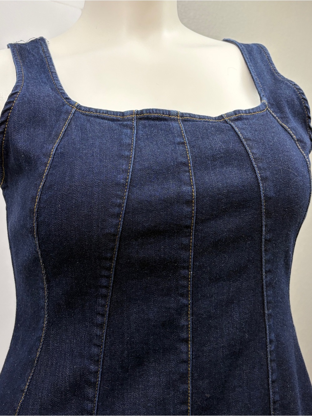 Aligne Dove Indigo Denim Midi Dress Square Neck A-Line US 14